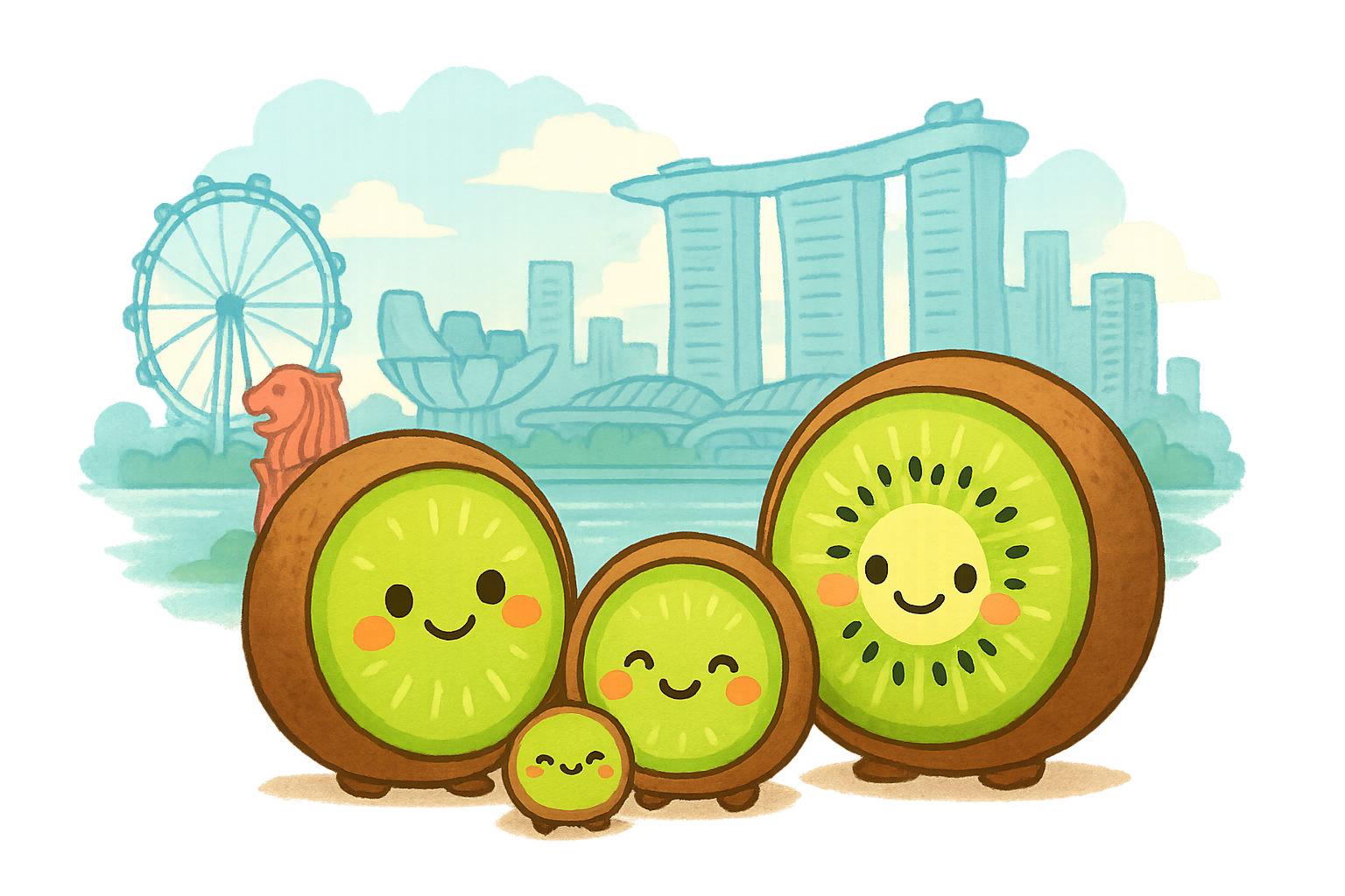Kiwii family of four friendly kiwi fruits standing in front of iconic Singapore skyline including Marina Bay Sands and Singapore Flyer
